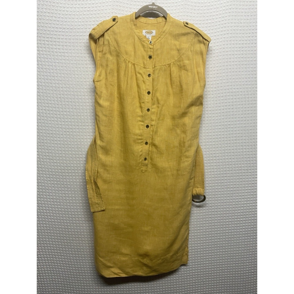 Talbots 100% Linen Shirtdress Yellow Sz 8P Buttons Belted Coastal Resort Beachy
